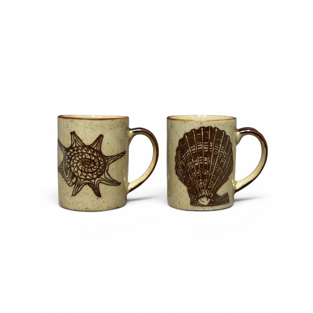 Vintage Otagiri Attributed Seashell Stoneware‎ Mug Set Coastal Beach 1970s Japan